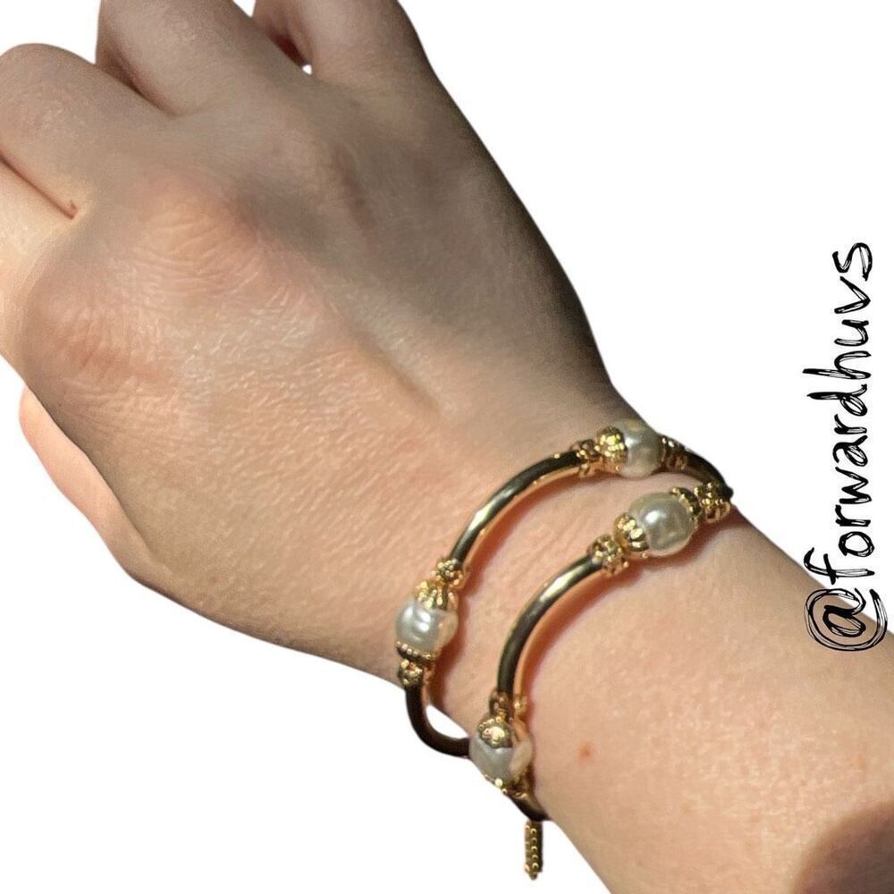 Gold Tone Wrap Bracelet – Elongated Beads, Faux Pearls, Chains & Spacers